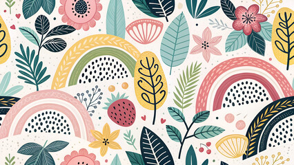 Seamless pattern of abstract simple colorful organic shapes.  Flat illustration pattern vector design. Pink, yellow, white, black, green, and blue. Landscape or horizontal ai generate