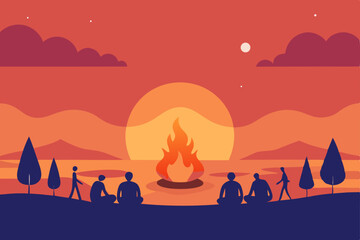 Fototapeta premium Sunset Campfire Gathering Silhouette Illustration of Friends Enjoying a Tranquil Evening by the Fire