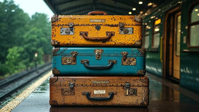 Vintage luggage stacked at a rainy train station, evoking nostalgia and travel anticipation
