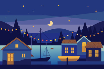 Christmas winter night landscape with houses and snow under a starlit sky