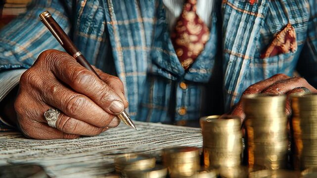 Elderly man hand signing documents next to stacks of gold coins in a business setting