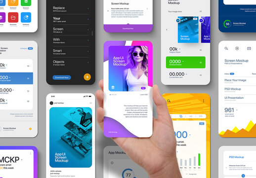 App UI Screen Mockup &ndash; Hand Holding (13 Isolated Objects)