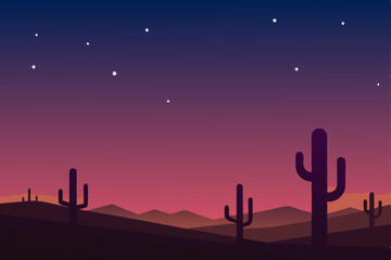 Saguaro cactus silhouettes under a moonlit desert sky at sunset, with distant mountains and stars