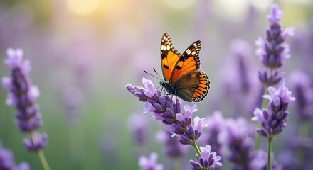 Butterfly resting on lavender flowers in a sunlit garden  