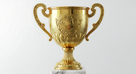 Fototapeta premium Ornate Golden Trophy Cup on White Marble Base