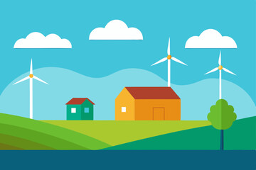 Naklejka premium Vector cartoon illustration of a summer landscape with houses and trees