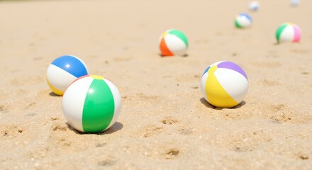 Colorful beach balls scattered on sandy shore in sunny weather  