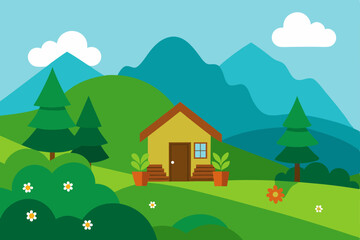 Rural landscape illustration with a cartoon house, trees, and mountains under a summer sky