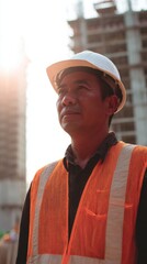 Asian Construction Worker Standing Amidst Scaffolding and Concrete Structure Site