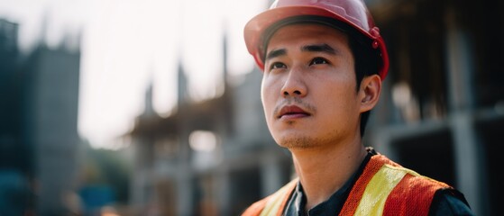 Asian Construction Worker Standing Amidst Scaffolding and Concrete Structure Site