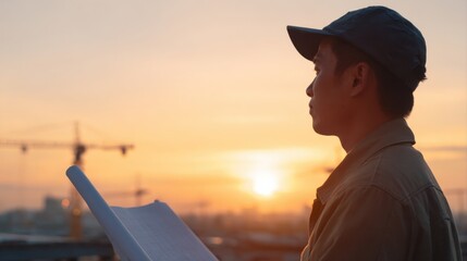 Asian Construction Worker Holding Blueprint Rooftop Sunrise City Skyline