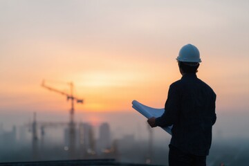 Asian Construction Worker Holding Blueprint Rooftop Sunrise City Skyline