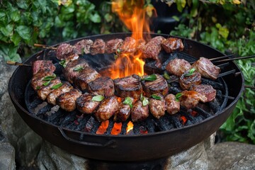 Braai. South African Barbecue with Boerewors Sausage, Lamb Chops, and Chicken Kebabs on Grill