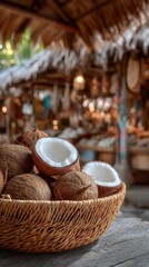 Fresh whole coconuts with white coconut chunks