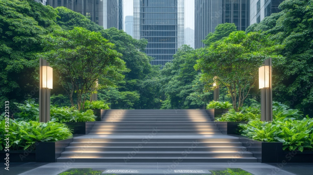Poster a vibrant pathway lined with trees and lights connects urban buildings, showcasing a commitment to s