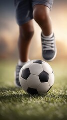 Child kicking soccer ball on grass field