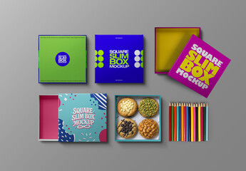 Square Box Mockup – Flat-Lay Packaging (4 Objects)