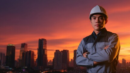Confident Asian Construction Worker Arms Crossed Modern City Skyline Sunset