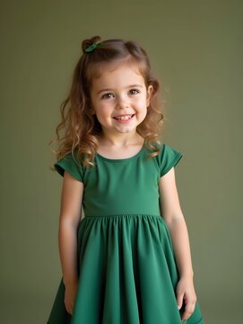 A little girl in a green dress smiling.