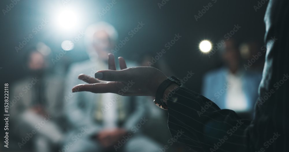 Poster hands, speaker and conference with business person at summit for presentation, panel and expo. publi