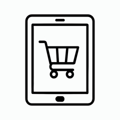 Tablet with shopping cart representing online ordering – outline icon
