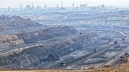 Heavy machinery that works in a vast open well coal mine, highlighting the resource extraction scale and its environmental impact