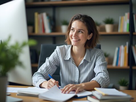 Office worker at desk with computer and books