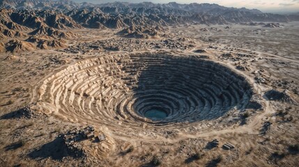 Aerial view of an open pit mine creating a large crater in a vast desert landscape, showcasing industrial impact