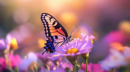 Obraz premium A breathtaking close-up of a monarch butterfly delicately resting on colorful flowers, representing the beauty of nature and its intricate details in a soft, dreamy light.