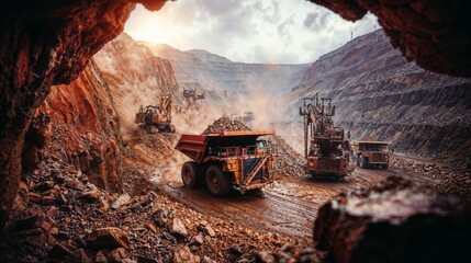 Mineral transport in an open well mine during the golden sunset, heavy silhouette machinery against the warm sky