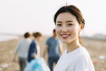 Young Asian Woman Smiling Collecting Trash Beach Clean-Up Campaign