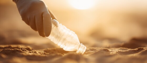 Gloved Hand Holding Plastic Bottle Above Sand Recycling Bag