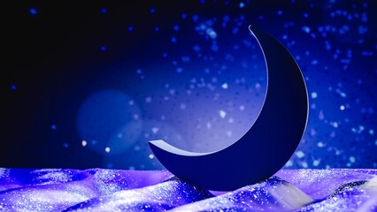 Crescent moon glowing over sparkling purple surface. 3d render
