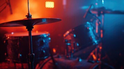 An up-close view of a drum set illuminated by dynamic stage lighting, capturing the energy and rhythm of live performances in a club or concert setting with rich colors.