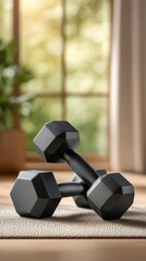 Matte black hexagonal dumbbells on surface