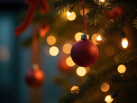 Christmas suspended ornaments from festive blurred fairy lights casting soft glow, creating branch, holiday bokeh ambiance