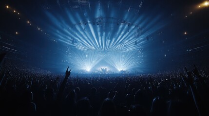 An expansive view of an energetic concert, illuminated by stunning blue lights waving across the venue, capturing the excitement of the crowd and overall atmosphere of the event.
