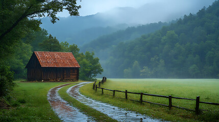 Rustic Cabin in a Misty Mountain Meadow After the Rain