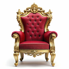 Golden throne with crimson velvet and crown on white background