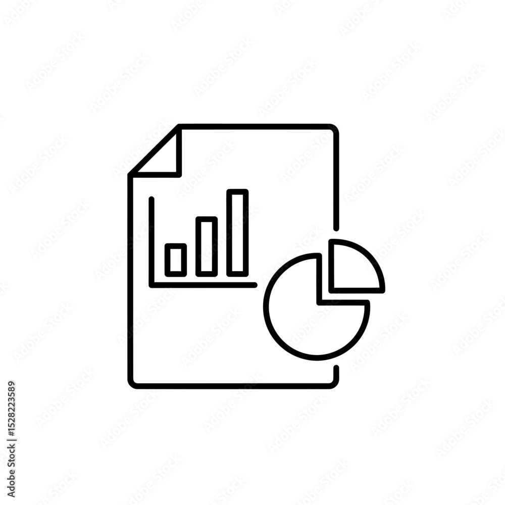 Poster minimalist line art illustration of financial report document with bar chart and pie chart for busin