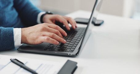 Business, man or hands typing on laptop in office for finance report, performance review or auditing. Financial analyst, employee or tech for investment portfolio, email networking or budget proposal