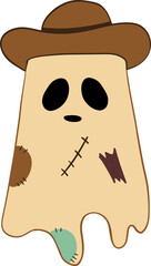 Ghost with cowboy hat and stitched patches, cartoon spooky character with sad eyes and worn fabric, Halloween costume design with vintage style and playful expression