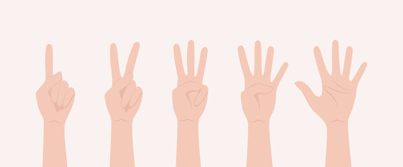 Set of hands showing numbers from one to five with fingers. Flat vector illustration