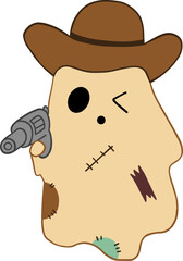 Cowboy ghost cartoon character with brown hat and gray revolver, featuring stitched patches and playful wink expression in simple vector style