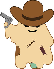 Cowboy ghost cartoon character with brown hat and revolver gun, smiling with sunglasses, spooky and playful western style illustration