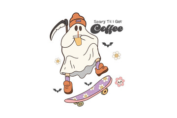 Sorry Til I Get Coffee – Tired Ghost on Skateboard Funny Illustration Sublimation Design