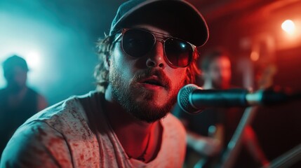 A captivating musician with sunglasses performs passionately, capturing the raw energy of live music in an intimate and stylish setting, illuminated by dynamic lighting.