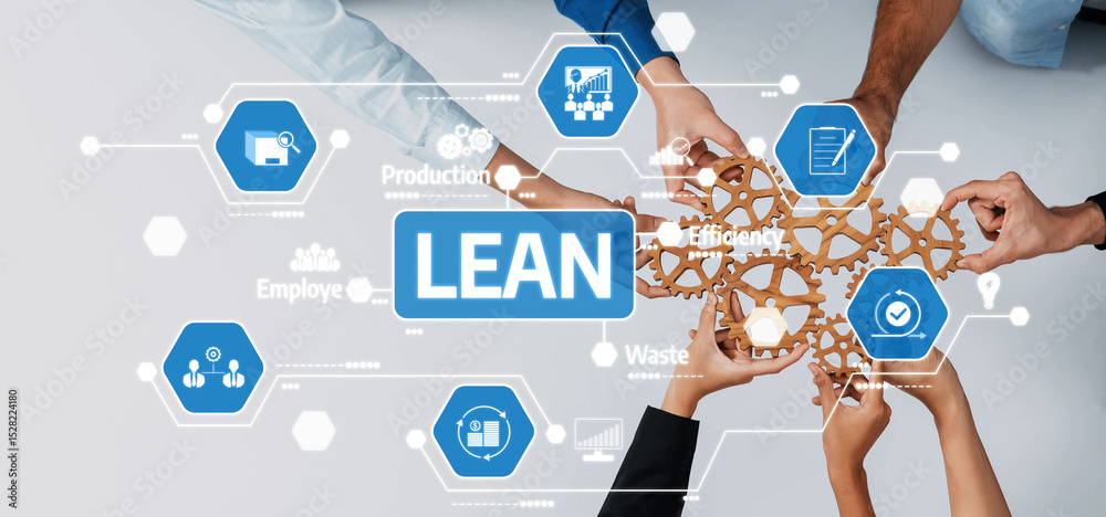 Aufkleber This image depicts hands working together to implement Lean principles aimed at enhancing efficiency and reducing waste in production processes and teamwork environments. Amity