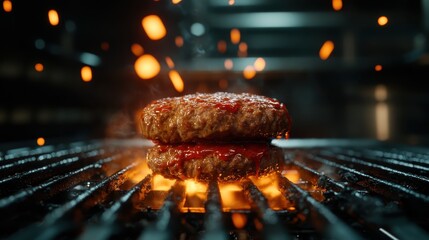 A perfectly cooked burger with sauce is placed on a grill, flames erupting around it. This image captures the essence of grilling satisfaction and culinary excitement.