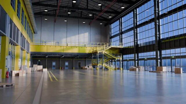 Empty warehouse interior with sunlight shining through windows